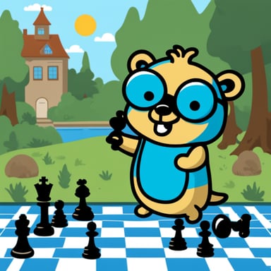 Happy Go Blue Gopher playing chess.