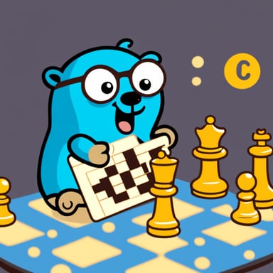 Happy Go Blue Gopher playing chess.