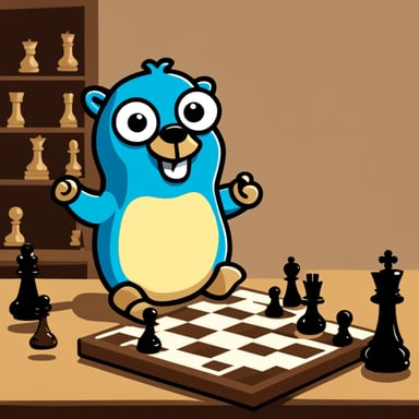 Happy Go Blue Gopher playing chess.