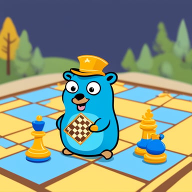 Happy Go Blue Gopher playing chess.