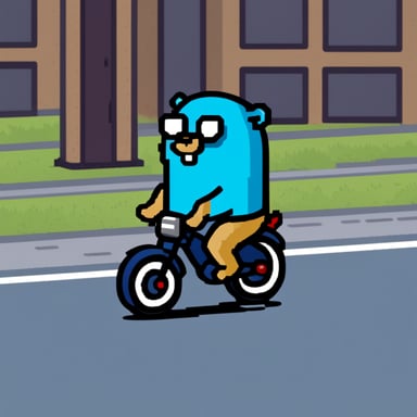 Go blue gopher riding a bike in pixelart style.