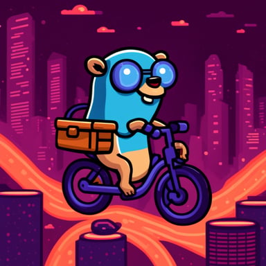 Go blue gopher riding a bike in pixelart style.