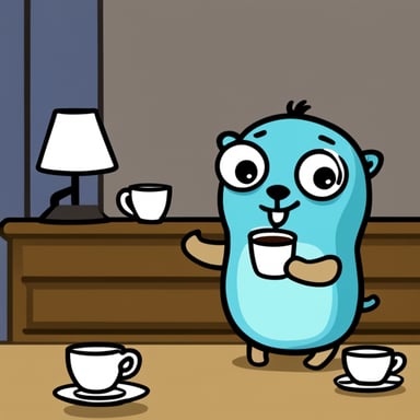 Go Blue Gopher with anxiety drinking a big cup of coffee.