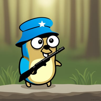 Go Blue Gopher with a super tiny mustache in a soldier uniform.