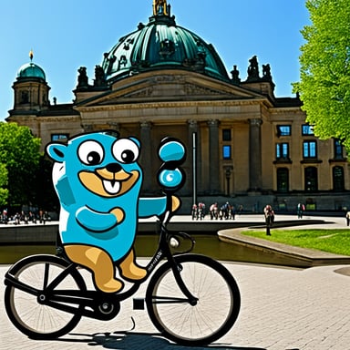Go Blue Gopher sightseeing in Berlin while riding a bike.