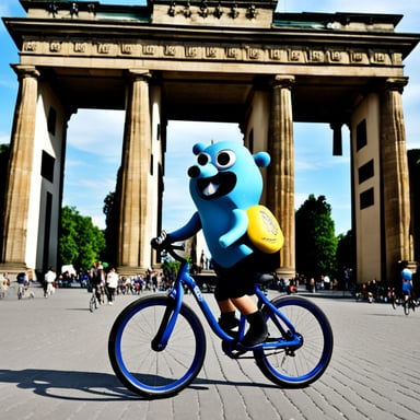 Go Blue Gopher sightseeing in Berlin while riding a bike next to the Brandenburger Gate.
