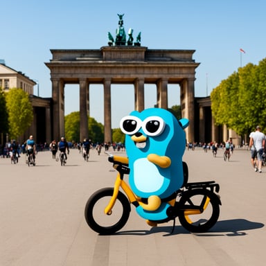 Go Blue Gopher sightseeing in Berlin while riding a bike next to the Brandenburger Gate.