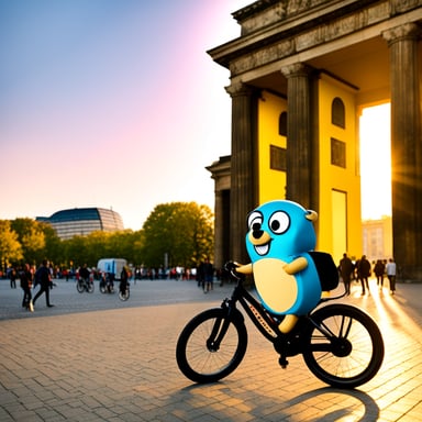 Go Blue Gopher sightseeing in Berlin while riding a bike next to the Brandenburger Gate.