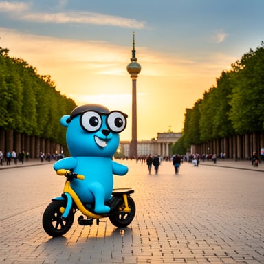 Go Blue Gopher sightseeing in Berlin while riding a bike next to the Brandenburger Gate.