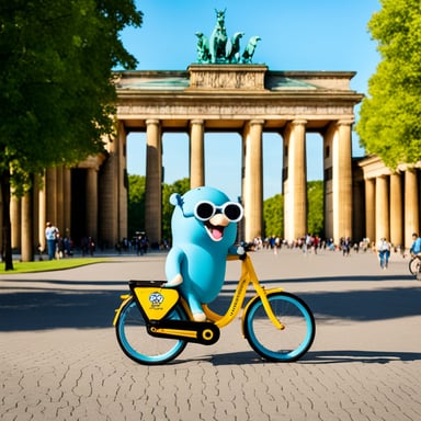 Go Blue Gopher sightseeing in Berlin while riding a bike next to the Brandenburg Gate and eating ice cream.