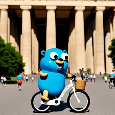 Go Blue Gopher sightseeing in Berlin while riding a bike next to the Brandenburg Gate and eating ice cream.