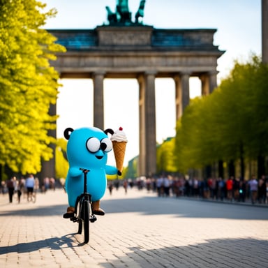 Go Blue Gopher sightseeing in Berlin while riding a bike next to the Brandenburg Gate and eating ice cream.