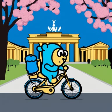 Go Blue Gopher sightseeing in Berlin while riding a bike next to the Brandenburg Gate and eating ice cream.