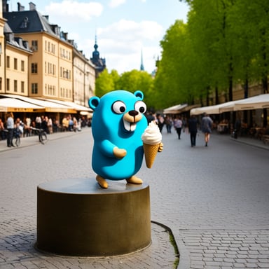 Go Blue Gopher eating ice cream in Stockholm.