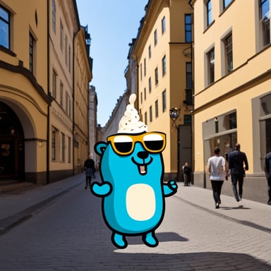 Go Blue Gopher eating ice cream in Stockholm.