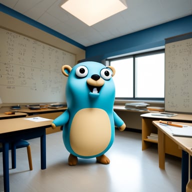 Go blue gopher is in a room, surrounded by walls filled with lots of numbers and math equations.
