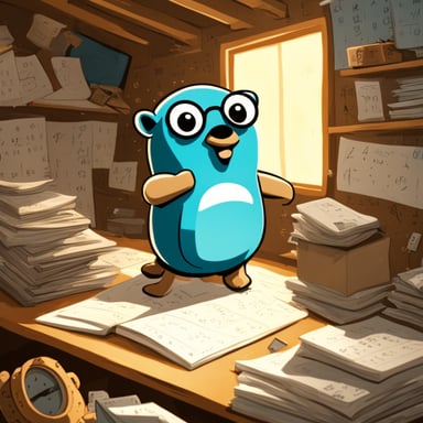 Go blue gopher is in a room, surrounded by walls filled with lots of numbers and math equations.