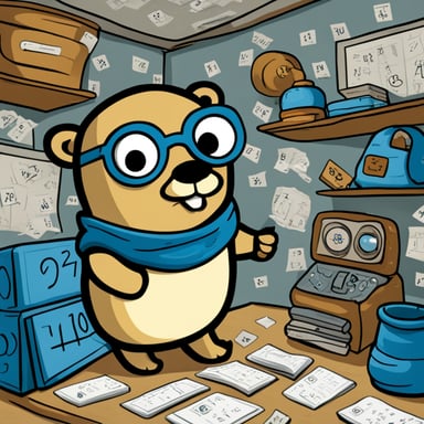 Go blue gopher is in a room, surrounded by walls filled with lots of numbers and math equations.