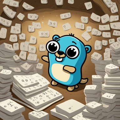 Go blue gopher is in a room, surrounded by walls filled with lots of numbers and math equations.