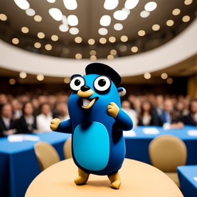 Go Blue Gopher at a conference in front of people.