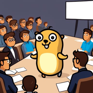Go Blue Gopher at a conference in front of people.