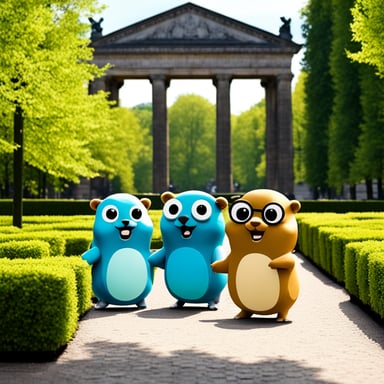 A group of gophers in Berlin, led by Go Blue Gopher, explored the city's gardens and parks.