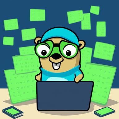 Go Blue Gopher coding with a laptop, green numbers surround him.