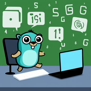 Go Blue Gopher coding with a laptop, green numbers surround him.