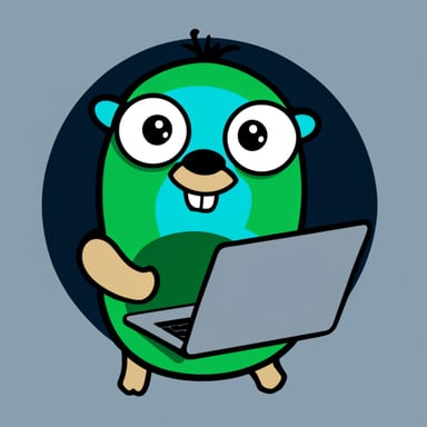 Go Blue Gopher coding with a laptop, green numbers surround him.