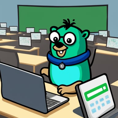Go Blue Gopher coding with a laptop, green numbers surround him.