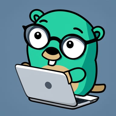 Go Blue Gopher is coding with a laptop, green numbers, letters, and pieces of code surround him, looking focused.