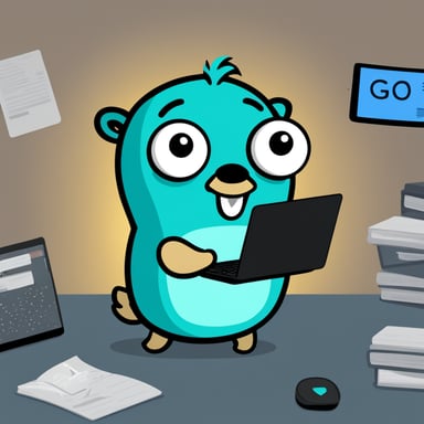 Go Blue Gopher is coding with a laptop, green numbers, letters, and pieces of code surround him, looking focused.