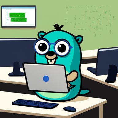 Go Blue Gopher is coding with a laptop, green numbers, letters, and pieces of code surround him, looking focused.