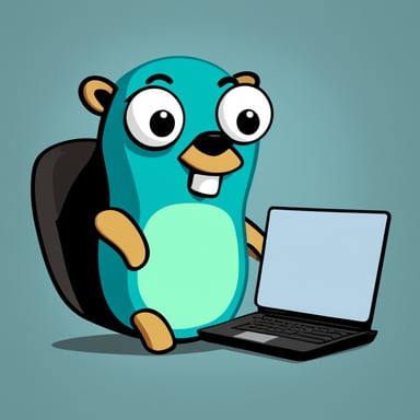 Go Blue Gopher is coding with a laptop, green numbers, letters, and pieces of code surround him, looking focused.