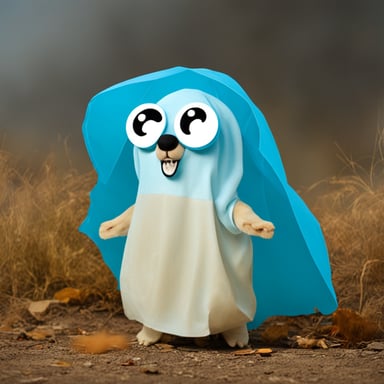 Go Blue Gopher dressed up in a ghost costume for Halloween.