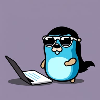 Go Blue Gopher with rounded glasses and long gathered black hair is writing code.