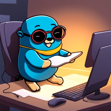 Go Blue Gopher with rounded glasses and long gathered black hair is writing code.