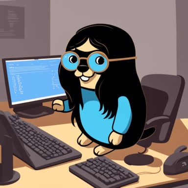 Go Blue Gopher with rounded glasses and long gathered black hair is writing code.