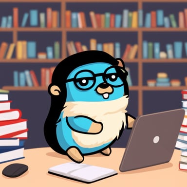 Go Blue Gopher with rounded glasses and long gathered black hair is writing code.