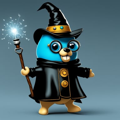 Go Blue Gopher as the wizard from the Wizard of Oz nervously hot-swaps API keys to make a machine work.