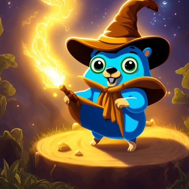 Go Blue Gopher as the wizard from the Wizard of Oz nervously hot-swaps API keys to make a machine work.