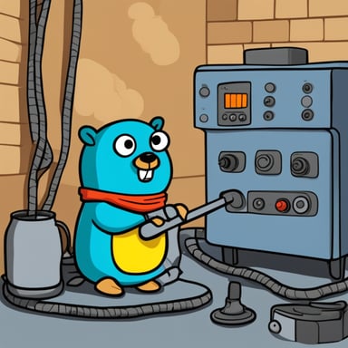 Go Blue Gopher is sitting behind a curtain, nervously shoveling API keys into a furnace. The furnace powers a complex machine resembling a telephone.