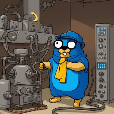 Go Blue Gopher is sitting behind a curtain, nervously shoveling API keys into a furnace. The furnace powers a complex machine resembling a telephone.