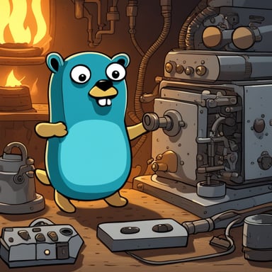 Go Blue Gopher is sitting behind a curtain, nervously shoveling API keys into a furnace. The furnace powers a complex machine resembling a telephone.