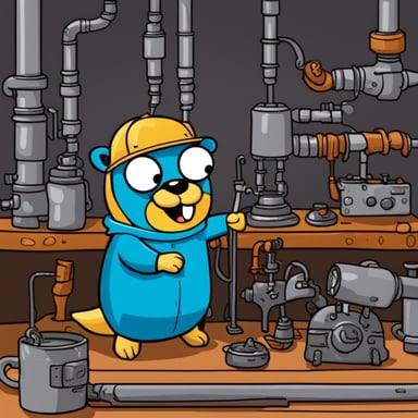 Go Blue Gopher is sitting behind a curtain, nervously shoveling API keys into a furnace. The furnace powers a complex machine resembling a telephone.