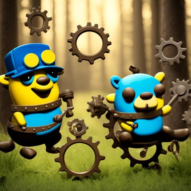 Go Blue Gopher juggling cogs.