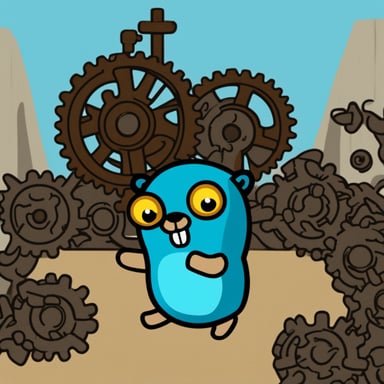 Go blue gopher behind a big cog.