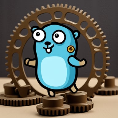 Go blue gopher behind a big cog.