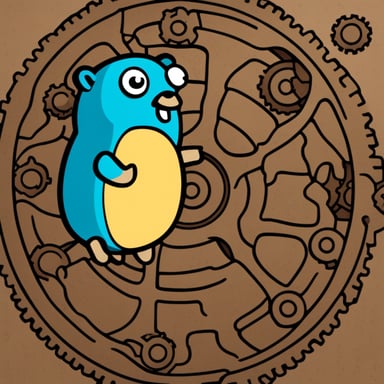 Go blue gopher behind a big cog.