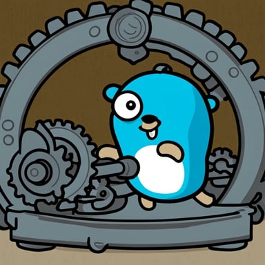 Go blue gopher behind a big cog.